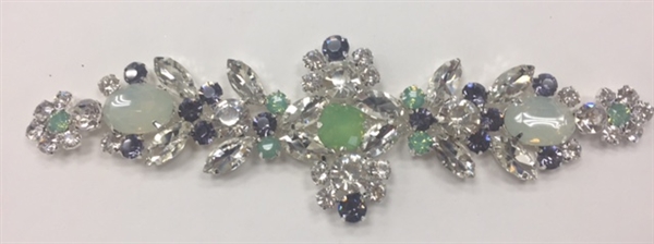 RHS-APL-M126-GREENSILVER.   Glue-On Sew-On Clear and Green Crystal Rhinestone Applique - With Green, Black, and Clear Crystals - 6.25 x 2 Inches