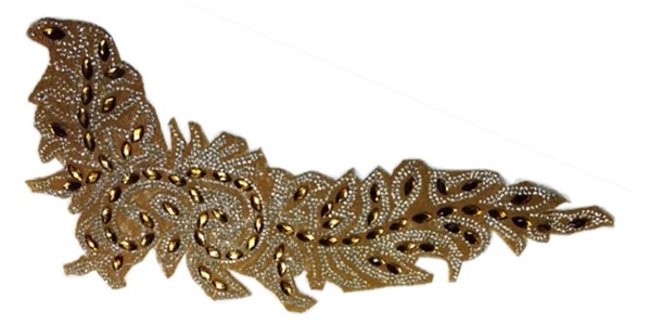 RHS-APL-084-GOLD.  AB ACRYLIC RHINESTONE APPLIQUE WITH GOLD BEADS - 14 INCHES