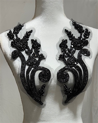 RHS-APL-W3315-BLACK-PAIR. Black Crystal Rhinestone Applique with Black Beads on a Shear White Tulle- 12" x 4" Each Piece.