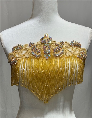 RHS-APL-W668-ABGOLD. AB Rhinestone Applique with Gold Beads on a Shear White Tulle- 13" x 11"