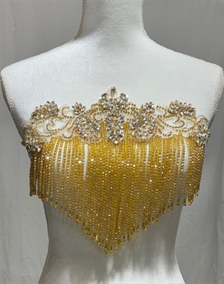 RHS-APL-W668-CLEARGOLD. Clear Rhinestone Applique with Gold Beads on a Shear White Tulle- 13" x 11"