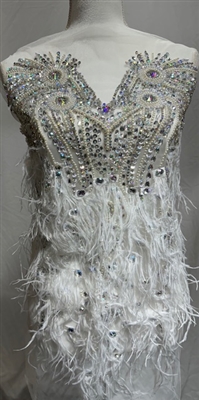 RHS-BOD-W080-ABWHTE. AB Crystal Rhinestone Bodice with AB Beads and White Feathers on a Shear White Tulle- 15" x 27"