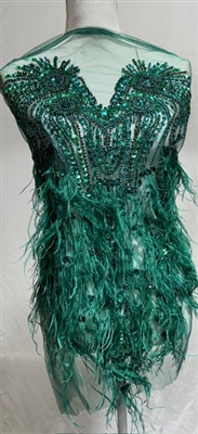 RHS-BOD-W080-EMERALD. Emerald Crystal Rhinestone Bodice with Emerald Beads and Emerald Feathers on a Shear Green Tulle- 15" x 27"