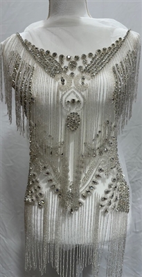 RHS-BOD-W081-CLEARSILVER. Clear Crystal Rhinestone Bodice with Silver Beads and Silver Fringes on a Shear White Tulle- 19" x 30".