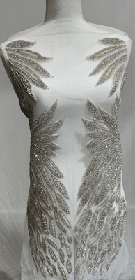 RHS-BOD-W082-SILVER. Clear Crystal Rhinestone Bodice with Silver Beads on a Shear White Tulle- 17" x 27"