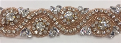 RHS-TRM-1152A-ROSEGOLD. Clear Crystal Rhinestone Trim with Rose Gold Beads - 1.5 Inch Wide