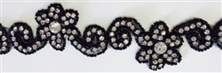 RHS-TRM-1298-BLACK.  CRYSTAL RHINESTONE TRIM WITH BLACK BEADS- 1.75 INCHES WIDE - REPEAT LENGTH 6 INCHES