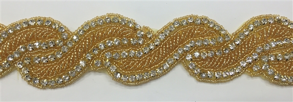 RHS-TRM-1420-GOLD.  CRYSTAL RHINESTONE TRIM WITH GOLD BEADS - 1.5 INCHES WIDE