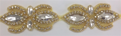 RHS-TRM-1504-GOLD. CLEAR CRYSTAL RHINESTONE TRIM, WITH GOLD BEADS - 2 INCHES WIDE - REPEAT LENGTH 4 INCHES