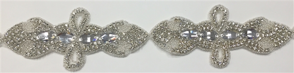 RHS-TRM-1546-SILVER.  CRYSTAL RHINESTONE TRIM - 6 INCHES WIDE - REPEAT LENGTH 3 INCHES