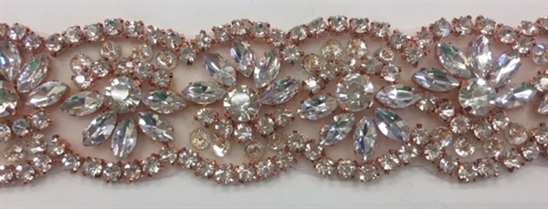 RHS-TRM-1800-ROSEGOLD. Exquisite Rose Gold Crystal Trim For Bridal Sash - Hot Fix and Sew On  - 1.5 Inch