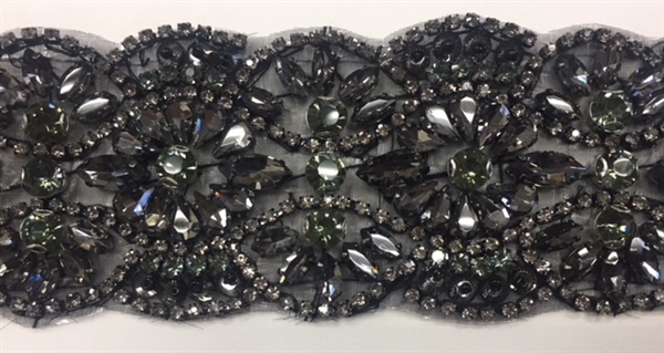 RHS-TRM-1801-BLACKBLACK. Exquisite Black Crystals and Black Beads Trim For Bridal Sash - Hot Fix or Sew On - 2.25 Inch
