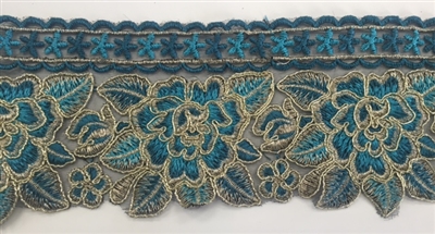 TRM-IND-201-TURQUOISE. Indian Trim with Turquoise Embroidery and Metallic Gold Borders