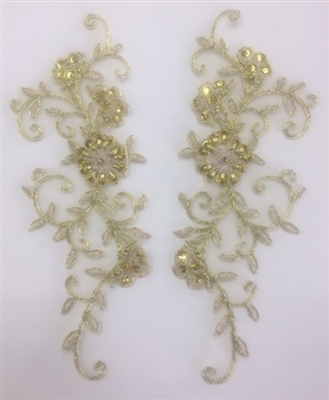 APL-BED-101-GOLD-PAIR.  Beaded Applique - Gold - 10 x 3.5 Inch