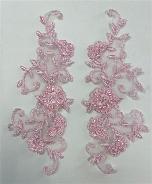 APL-BED-101-PINK-PAIR.  Pink Embroidered Applique With Sequins - Pair - 10" x 4"  Each