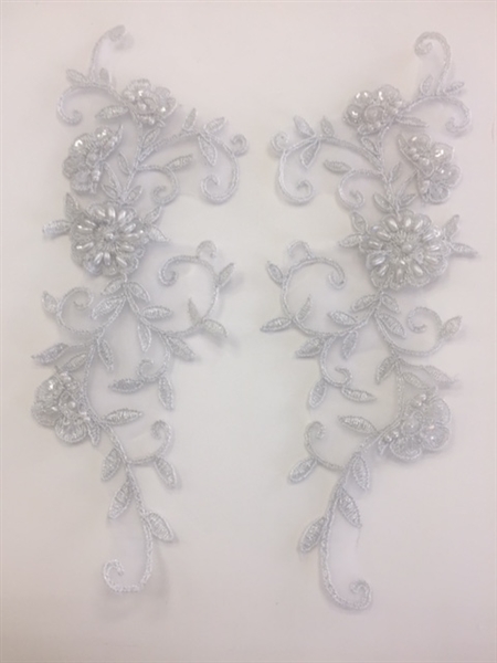 APL-BED-101-SILVER.  Beaded Applique - Silver - 10 x 3.5 Inch
