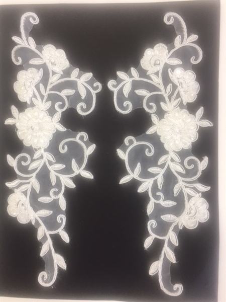 APL-BED-101-WHITE-PAIR.  Beaded Applique - White - 10 x 3.5 Inch