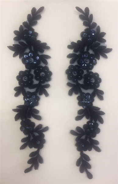APL-BED-102-NAVY-PAIR.  Beaded Applique - Navy - 10 x 2.5 Inch