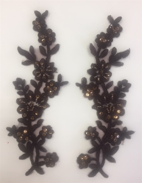 APL-BED-104-BROWN-PAIR.  Beaded Applique - Brown - 9 x 3 Inch