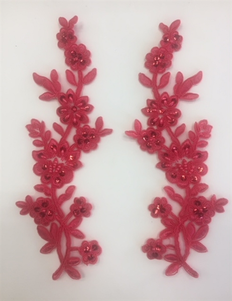 APL-BED-104-CORAL-PAIR.  Beaded Applique - Coral - 9 x 3 Inch