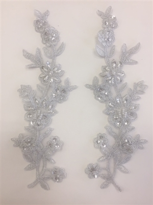APL-BED-104-SILVER-PAIR.  Beaded Applique - Silver - 9 x 3 Inch