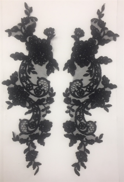APL-BED-105-BLACK-PAIR.  Beaded Applique - Black - 21 x 6 Inch - A Pair