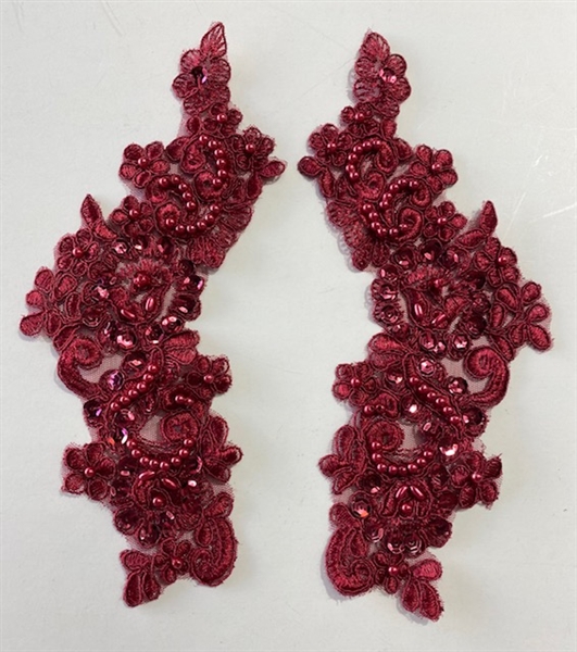 APL-BED-107-BURGUNDY-PAIR. Beaded Applique - Burgundy - 9.5 x 3 Inch - A Pair