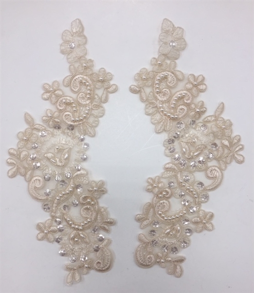 APL-BED-107-CHAMPAGNE-PAIR. Beaded Applique - Champagne - 9.5 x 3 Inch - A Pair