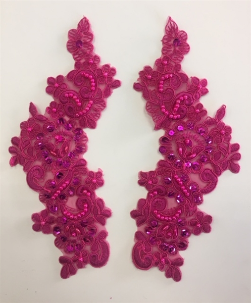 APL-BED-107-FUCHSIA-PAIR. Beaded Applique - Fuchsia - 9.5 x 3 Inch - A Pair