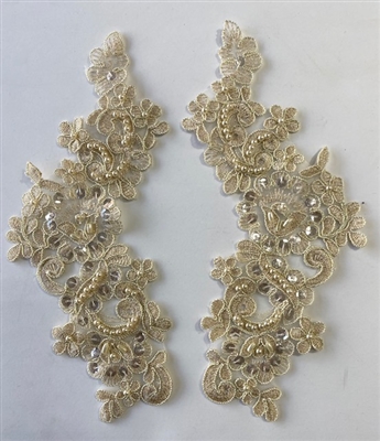 APL-BED-107-GOLD-PAIR. Beaded Applique - Gold - 9.5 x 3 Inch - A Pair