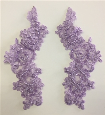 APL-BED-107-LILAC-PAIR. Beaded Applique - Lilac - 9.5 x 3 Inch - A Pair