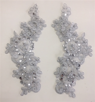 APL-BED-107-SILVER-PAIR. Beaded Applique - Silver- 9.5 x 3 Inch - A Pair