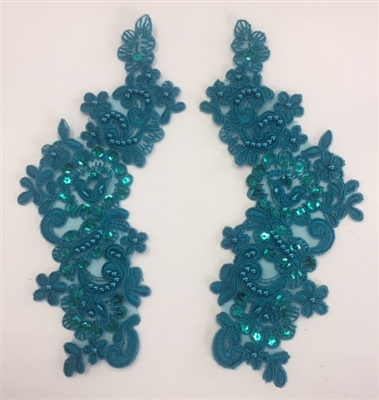APL-BED-107-TEAL-PAIR. Beaded Applique - Teal - 9.5 x 3 Inch - A Pair