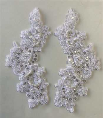 APL-BED-107-WHITE-PAIR. Beaded Applique - White - 9.5 x 3 Inch - A Pair