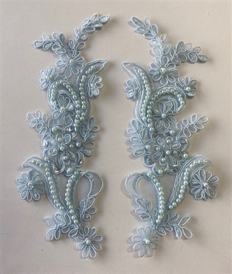 APL-BED-108-BABYBLUE-PAIR. Beaded Applique - Baby Blue - 9 x 3 Inch - A Pair