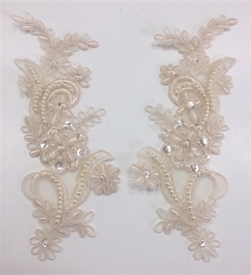 APL-BED-108-CHAMPAGNE-PAIR. Beaded Applique - Champagne - 9 x 3 Inch - A Pair