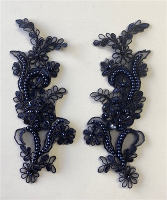 APL-BED-108-NAVY-PAIR. Beaded Applique - Navy - 9 x 3 Inch - A Pair