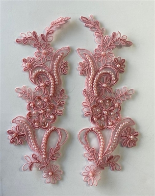 APL-BED-108-PINK-PAIR. Beaded Applique - Pink - 9 x 3 Inch - A Pair