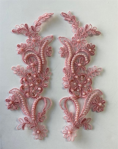 APL-BED-108-PINK-PAIR. Beaded Applique - Pink - 9 x 3 Inch - A Pair
