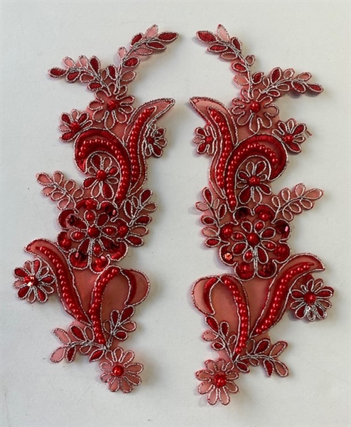 APL-BED-108-REDSILVER-PAIR. Beaded Applique - Red Silver - 9 x 3 Inch - A Pair
