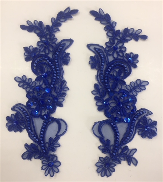 APL-BED-108-ROYALBLUE-PAIR. Beaded Applique - Royal Blue- 9 x 3 Inch - A Pair