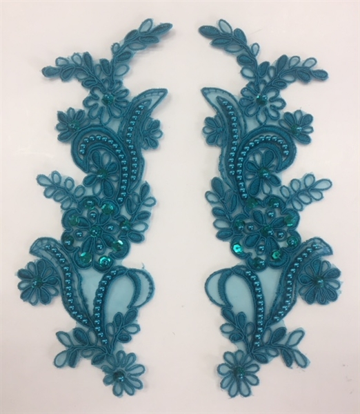 APL-BED-108-TEAL-PAIR. Beaded Applique - Teal- 9 x 3 Inch - A Pair