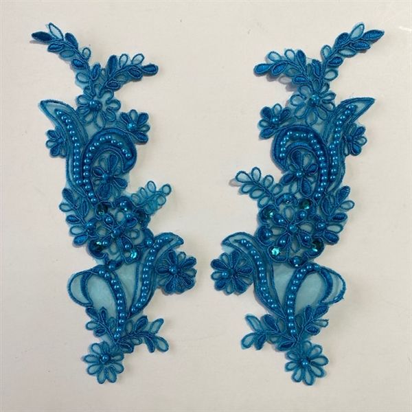 APL-BED-108-TURQUOISE-PAIR. Beaded Applique - Turquoise - 9 x 3 Inch - A Pair
