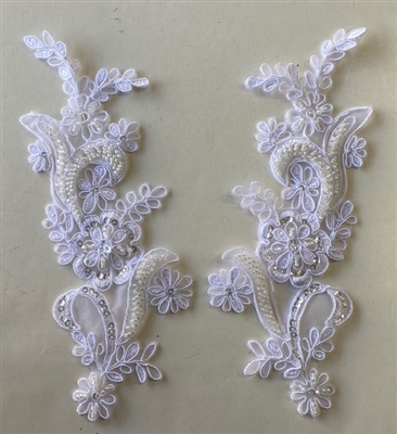 APL-BED-108-WHITE-PAIR. Beaded Applique - White - 9 x 3 Inch - A Pair