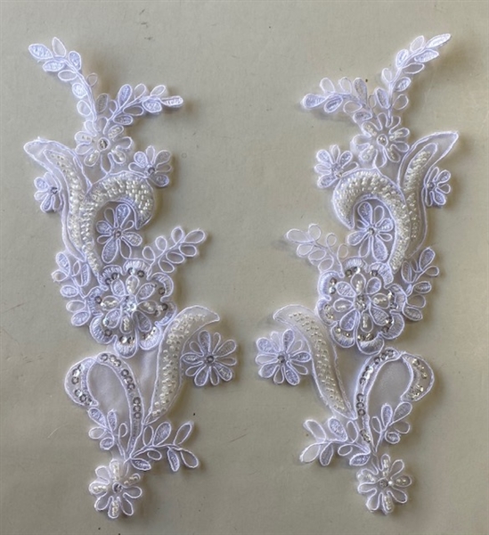 APL-BED-108-WHITE-PAIR. Beaded Applique - White - 9 x 3 Inch - A Pair