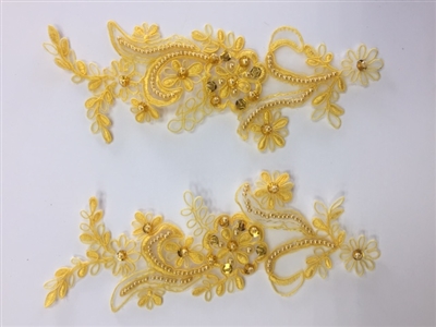 APL-BED-108-YELLOW-PAIR. Beaded Applique - Yellow - 9 x 3 Inch - A Pair