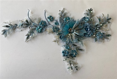 APL-BED-109-BLUE. Embroidered Beaded Applique with Rhinestone and Sequin on Net. - Blue - 14" x 8" - Each $6.00