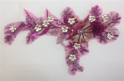 APL-BED-109-FUCHSIA. Embroidered Beaded Applique with Rhinestone and Sequin on Net. - Fuchsia- 14" x 8"