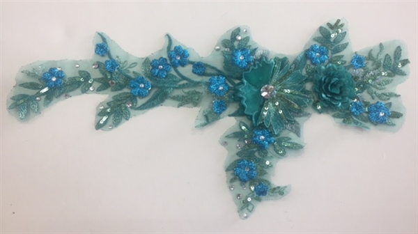 APL-BED-109-GREEN. Embroidered Beaded Applique with Rhinestone and Sequin on Net. - Green- 14" x 8"