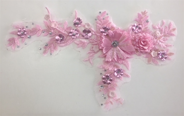 APL-BED-109-PINK. Embroidered Beaded Applique with Rhinestone and Sequin on Net. - Pink - 14" x 8"